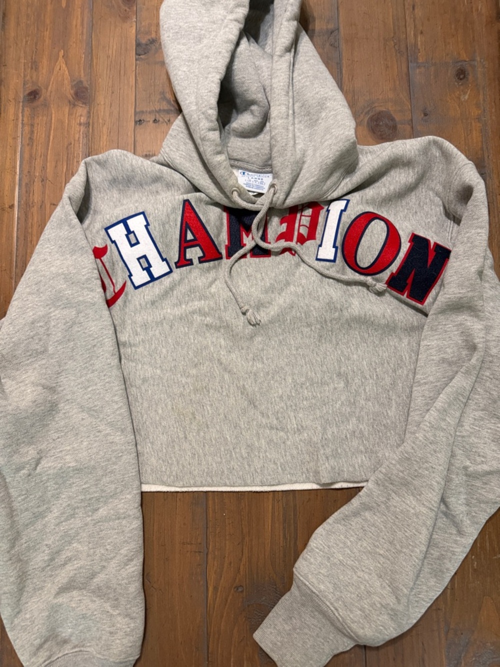 Champion Heather Gray Cropped Hoodie with Red & Navy Lettering